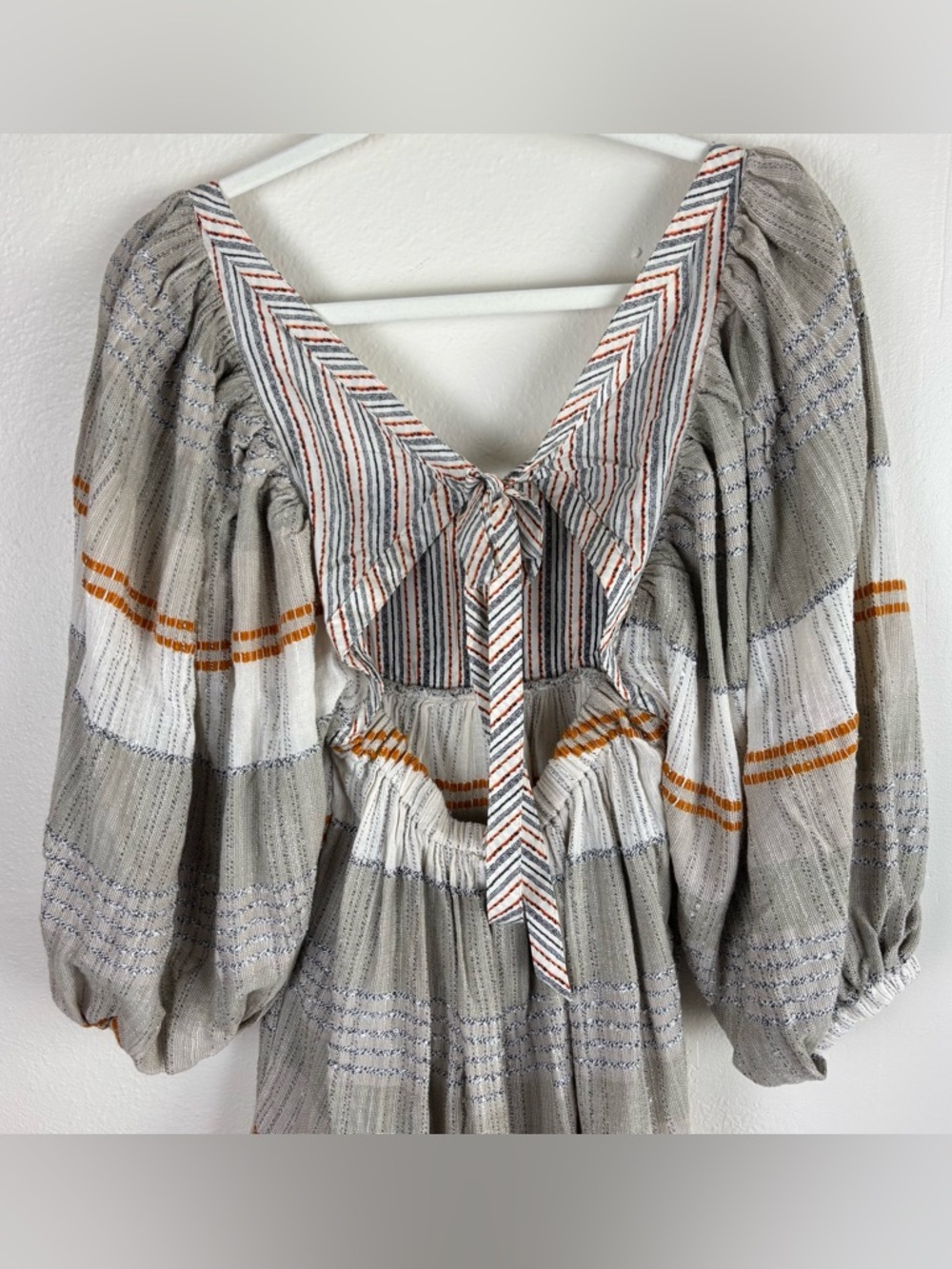 Free People Cozy Striped Peasant Mini Dress Size S Open Back Ivory Combo NWT - Picture 6 of 12